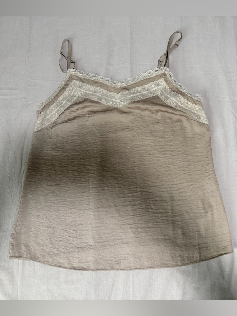 CAbi All Purpose Cami Satin Lace-Trim Slip Camisole, color Taupe, Size Medium